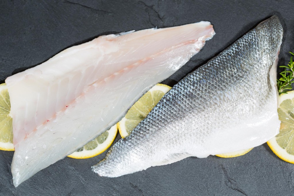 Farmed seabass fillets skin on, scaled, bone in 80-100g
